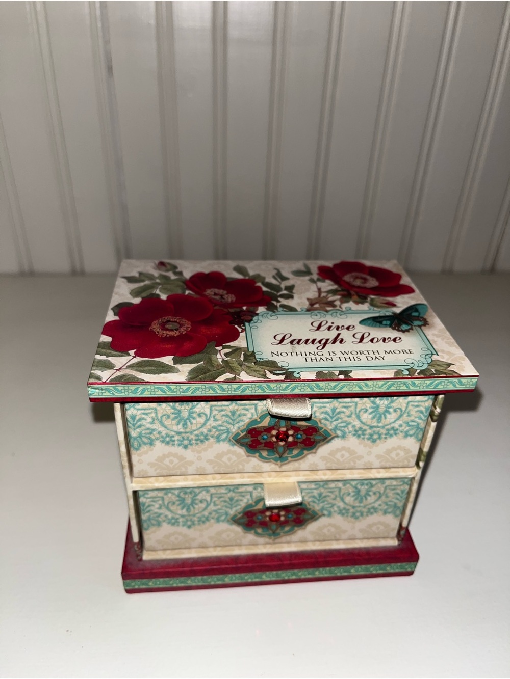 Decorative Floral Box - Cream, Red & Teal